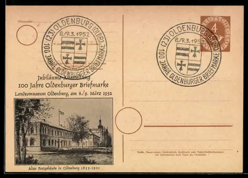 AK Oldenburg, Ausstellung 100 Jahre Oldeburger Briefmarke, Altes Postgebäude 1855-1901, Ganzsache