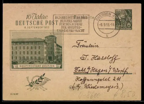 AK Bautzen, 10 Jahre Deutsche Post 1955, Hauptpostamt, Ganzsache