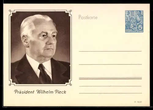 AK Präsident der DDR Wilhelm Pieck im Anzug, Ganzsache