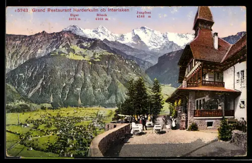 AK Interlaken, Grand Restaurant Harderkulm, Panorama mit Eiger, Mönch und Jungfrau