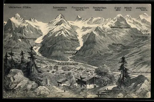 AK Grindelwald, Ortsansicht mit Eiger, Mönch und Jungfrau