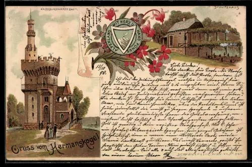 Lithographie Wien, Hermanskogel, Habsburgwarte und Schutzhaus