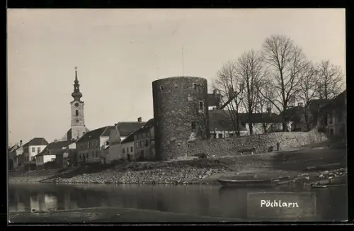AK Pöchlarn /N.-Ö., Uferansicht mit Rundturm und Kirche