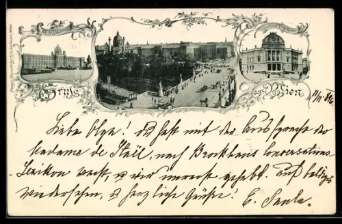 AK Wien, Elisabethbrücke mit Karlskirche aus der Vogelschau, Deutsches Volkstheater