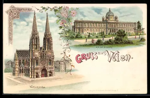 Lithographie Wien, Votivkirche und Hofmuseum