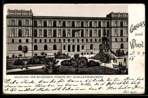 Lithographie Wien, Akademie der bildenden Künste mit Schillermonument