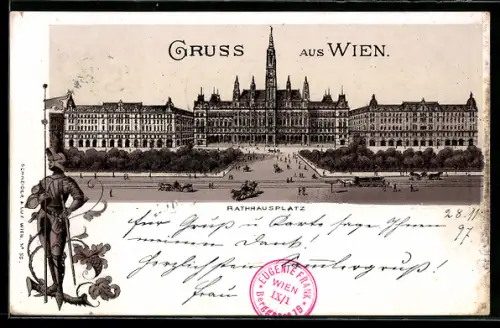 Lithographie Wien, Rathausplatz mit Rathaus
