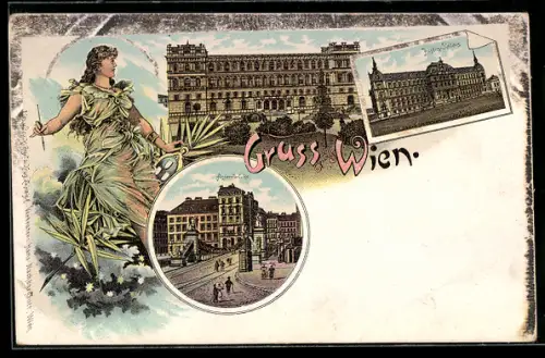 Lithographie Wien, Aspernbrücke, Justizpalais