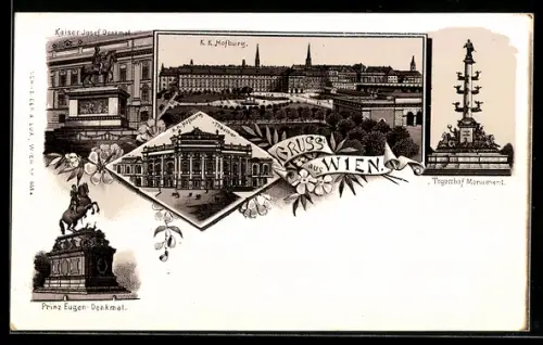 Lithographie Wien, K. K. Hofburg, Kaiser-Josef-Denkmal, Tegetthof-Monument