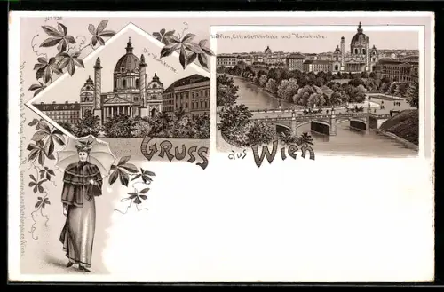 Lithographie Wien, Elisabethbrücke und Karlskirche