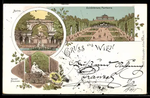 Lithographie Wien, Schönbrunn Parterre, Kaiserbrunnen, Ruine