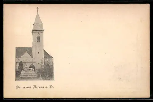 AK Aspern a. D., Kirche mit Löwen-Denkmal