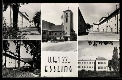 AK Wien, Essling, Kirche, Wohnbauten und Strasse