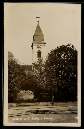 AK Aspern a. d. Donau, Kirche und Löwen