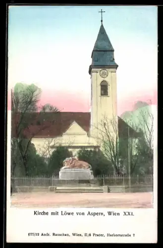 AK Wien, Aspern, Kirche mit Löwe