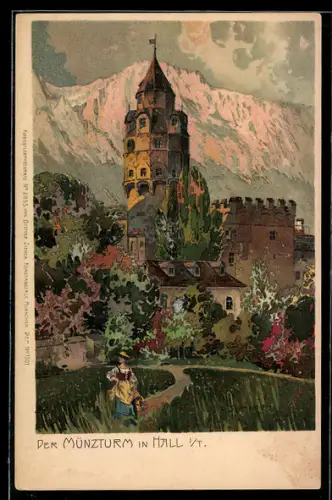 Lithographie Hall i. T., Münzturm mit Bergpanorama