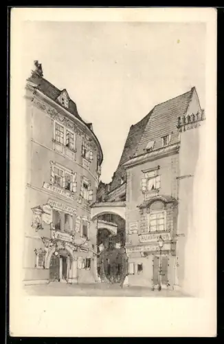 Künstler-AK Wien, Fleischmarkt Griechengasse, Zugang zum Griechenbeisl