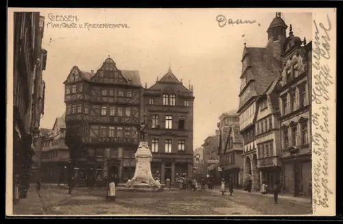 AK Giessen, Marktplatz, Kriegerdenkmal, Apotheke
