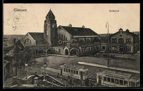 AK Giessen, Bahnhof, Strassenbahnen