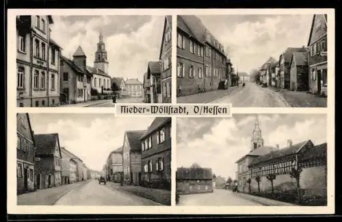 AK Nieder-Wöllstadt /Hessen, Strassenansichten, Kirche, Fachwerkhäuser