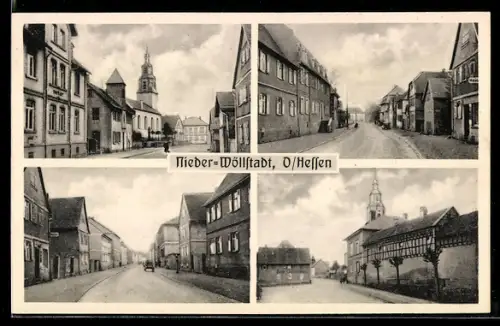 AK Nieder-Wöllstadt /Hessen, Strassenpartien mit Kirche und Fachwerkhäusern