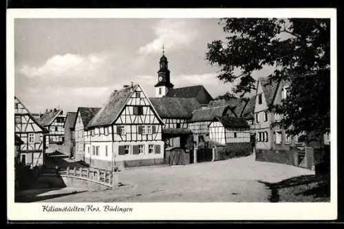 AK Kilianstädten /Büdingen, Fachwerkhäuser, Kirche, Dorfplatz