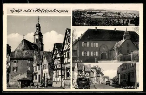 AK Heldenbergen, Blick auf Kirche, Schloss, Hauptstrasse, Teilansicht