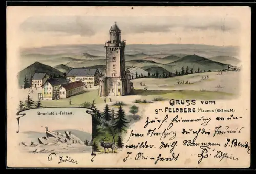 Künstler-AK Grosser Feldberg /Taunus, Aussichtsturm, Brunhildis-Felsen, Landschaft