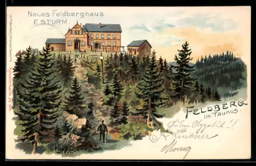 Lithographie Feldberg im Taunus, Neues Feldberghaus F. Sturm
