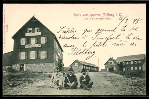 AK Feldberg i. T., Die 3 Feldberghäuser, Wanderer