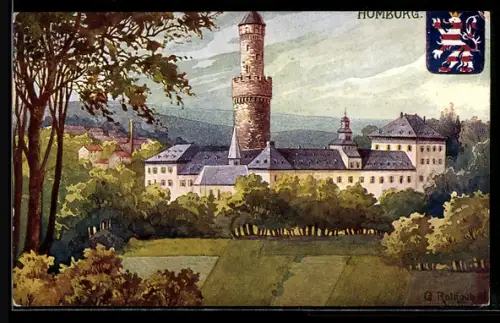 Künstler-AK Homburg v. d. H., Schloss, Weisser Turm, Schlossgarten, Wappen