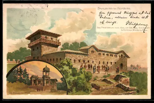 Lithographie Saalburg bei Homburg, Praetorium, Saalburg-Museum-Haus