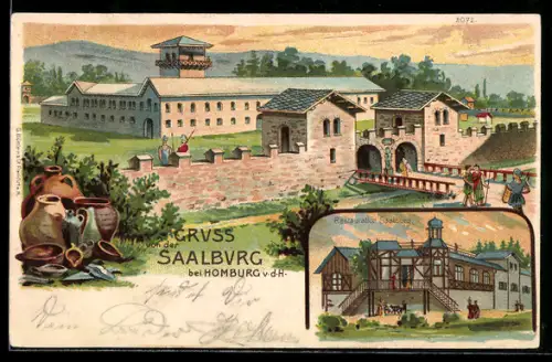 Lithographie Homburg v. d. H., Saalburg, Restaurationsgebäude, römische Ausgrabungsfunde