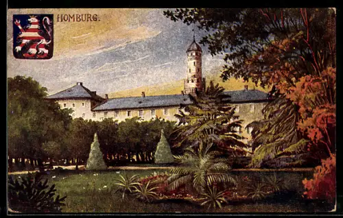 Künstler-AK Homburg v. d. H., Schloss m. weisser Turm, Schlossgarten, Wappen