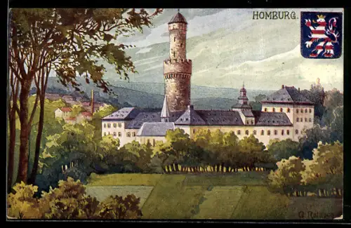 Künstler-AK Homburg v. d. H., Schloss mit Bergfried, Wappen