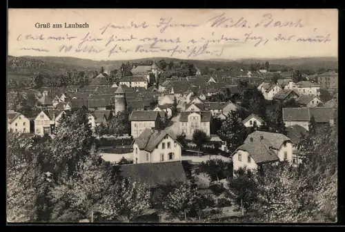 AK Laubach, Ortsansicht mit Stadtturm und Schloss