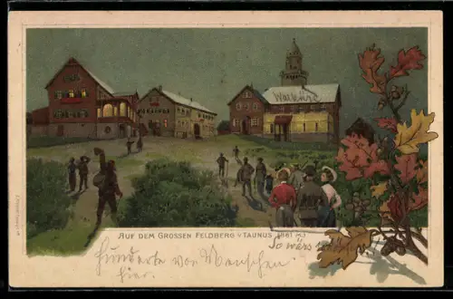 Künstler-AK Grosser Feldberg /Taunus, Besucher, Aussichtsturm, verschiedene Gebäude