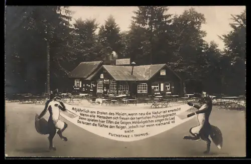 AK Fuchstanz i. Taunus, Waldgasthaus mit Fuchsfiguren und Frühlingsgedicht
