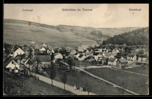 AK Schmitten im Taunus, Ortsansicht mit Feldkopf und Pferdskopf