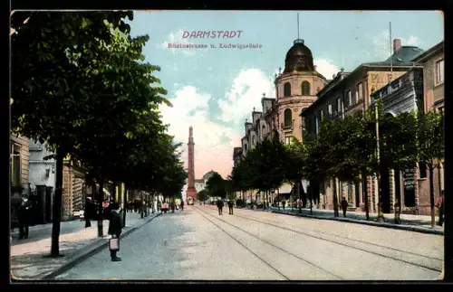 AK Darmstadt, Rheinstrasse und Ludwigsäule