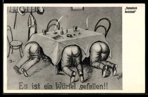 Künstler-AK Darmstadt, Hotel-Restaurant Die Bockshaut, Kirchstrasse 7, humoristische Stammtischszene