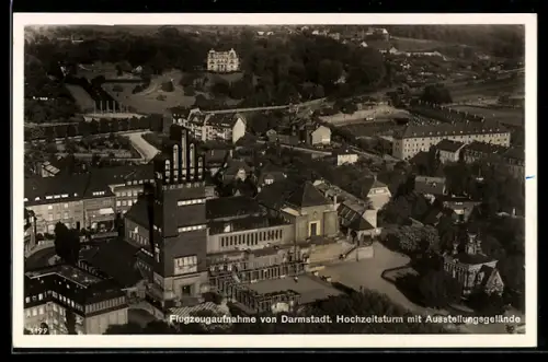 AK Darmstadt, Hochzeitsturm, Ausstellungsgelände, Fliegeraufnahme