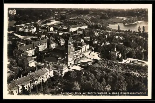 AK Darmstadt, Blick auf Künstlerkolonie und Woog, Flugzeugaufnahme