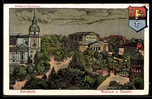 Künstler-AK Darmstadt, Museum u. Theater, Wappen