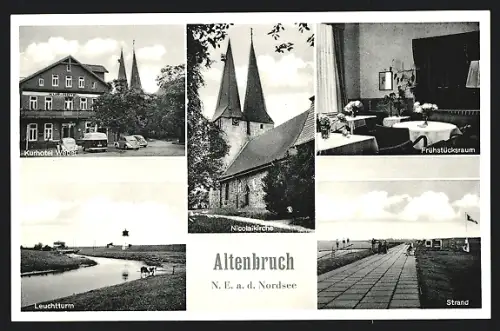 AK Altenbruch N. E. a. d. Nordsee, Kurhotel Weber, Inneres Frühstücksraum, Nicolaikirche