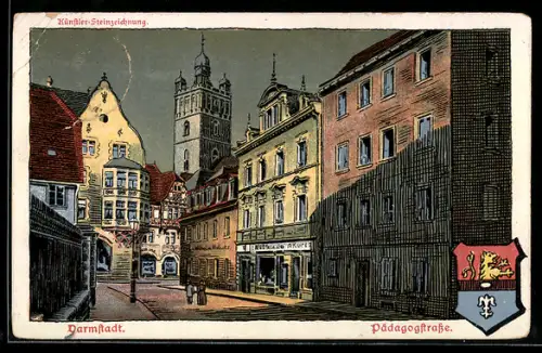 Steindruck-AK Darmstadt, Partie an der Pädagogstrasse, Wappen