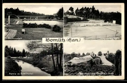 AK Bomlitz /Han., Badeanstalt, Tennisplatz, Hermann Löns-Denkmal, Partie im Bomlitztal