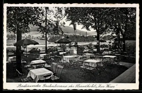 AK Bodenwerder a. d. Weser, Strandhotels Zur Weser, Bes. Ed. Maneke, Gartenterrasse