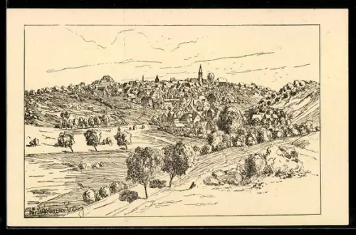 Künstler-AK Grünberg in Hessen, Gesamtansicht des Ortes