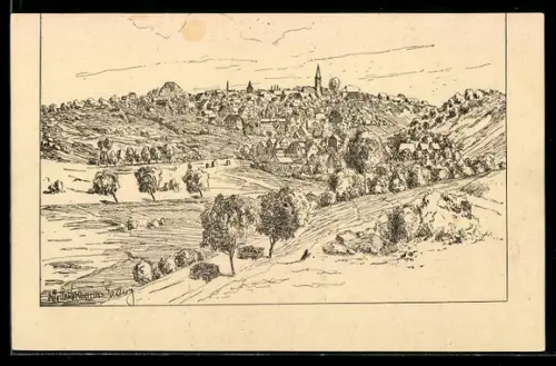 Künstler-Lithographie Grünberg in Hessen, Ortspanorama mit Kirche